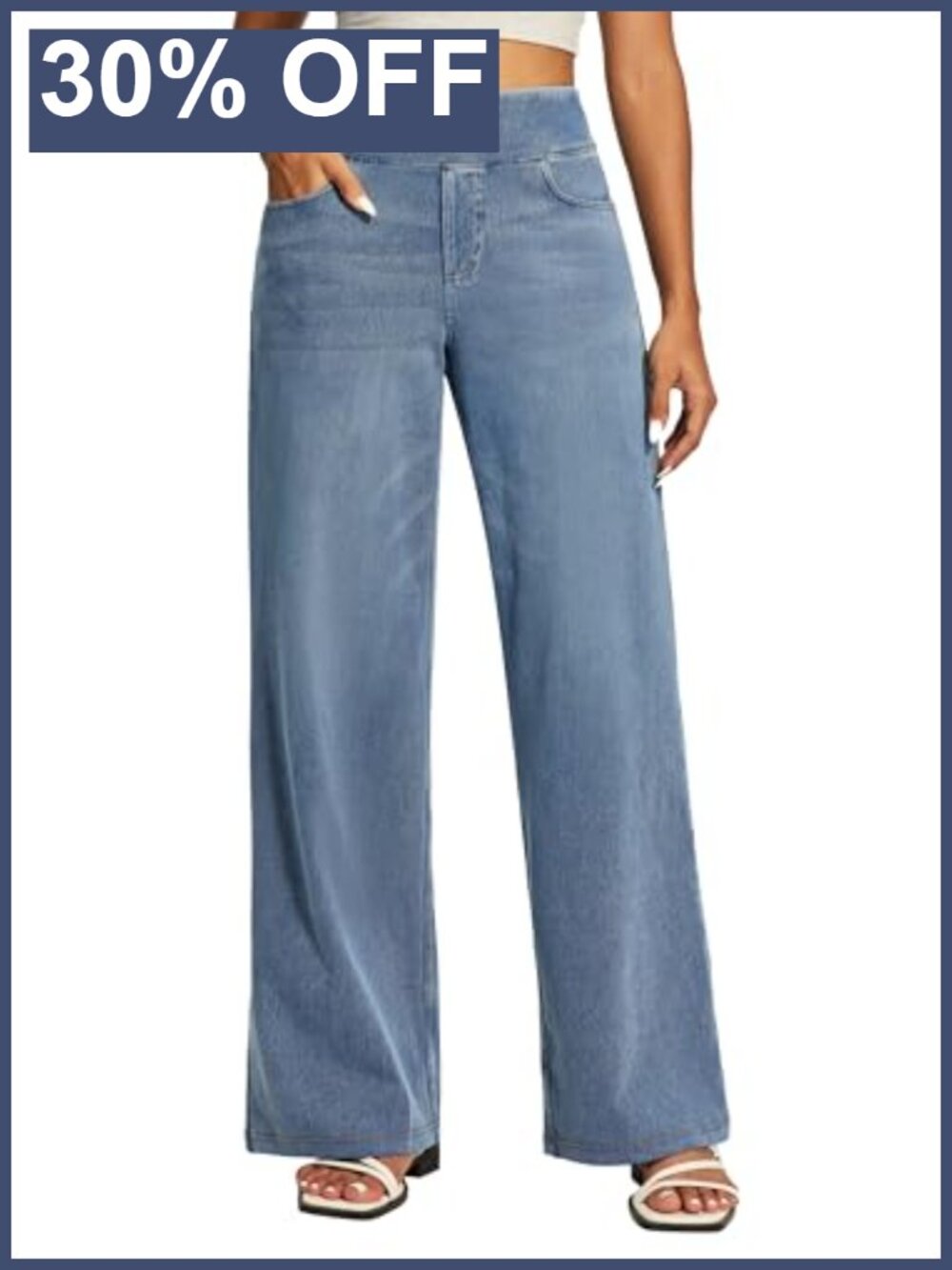 High Waisted Wide Leg Pull On Jeans with Pockets, Stretch Denim